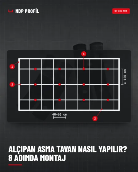 Alçıpan asma tavan nasıl yapılır: Tavan U ve Tavan C profillerinden kurulan taşıyıcı ızgaranın şeması