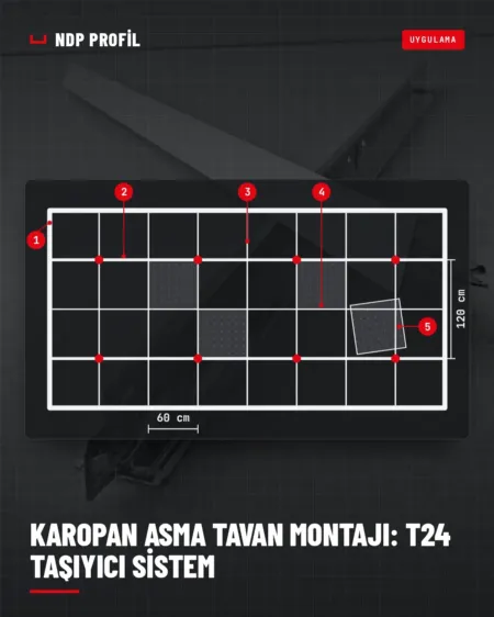 Karopan asma tavan için T24 taşıyıcı ızgara: ana taşıyıcı, ara taşıyıcılar ve 60×60 cm plaka gözleri