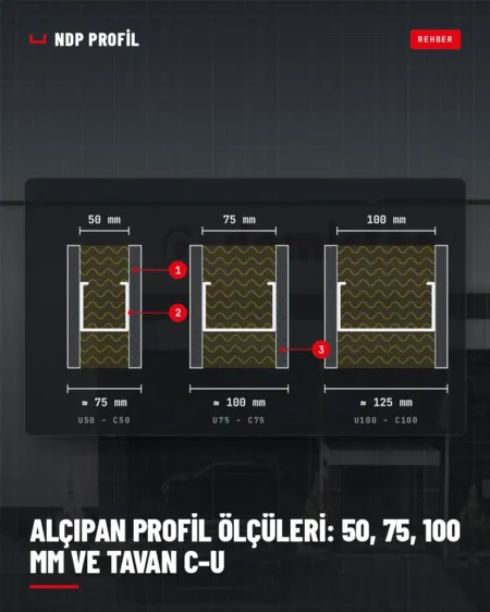 Alçıpan profil ölçüleri: 50, 75 ve 100 mm duvar profilleri ile oluşan duvar kalınlıkları