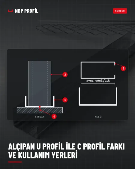 U profil C profil farkı: U rayın içine oturan dudaklı C dikme kesiti