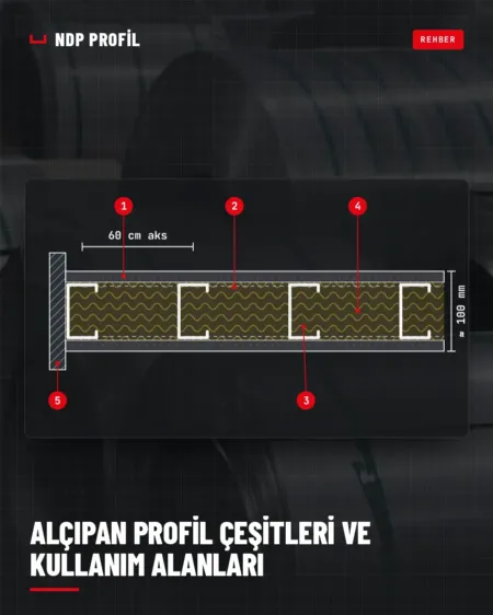 Alçıpan profil çeşitleri: U ray, C dikme ve alçı levhadan oluşan bölme duvar kesiti