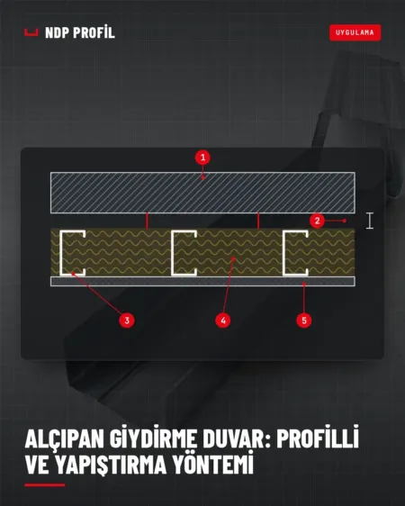 Alçıpan giydirme duvar kesiti: mevcut duvar, profil iskelet, yalıtım boşluğu ve alçı levha kaplama